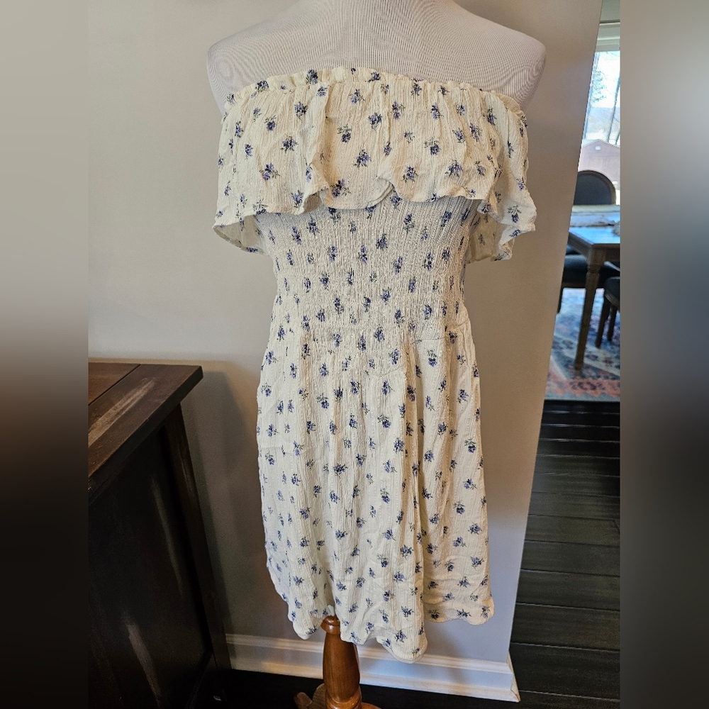 American Eagle Outfitters Off-Shoulder Cream and Blue Dress